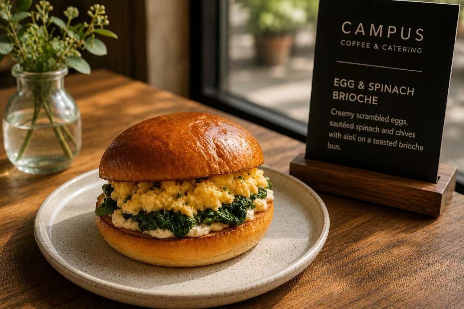 Egg and spinach brioche ready for a campus breakfast